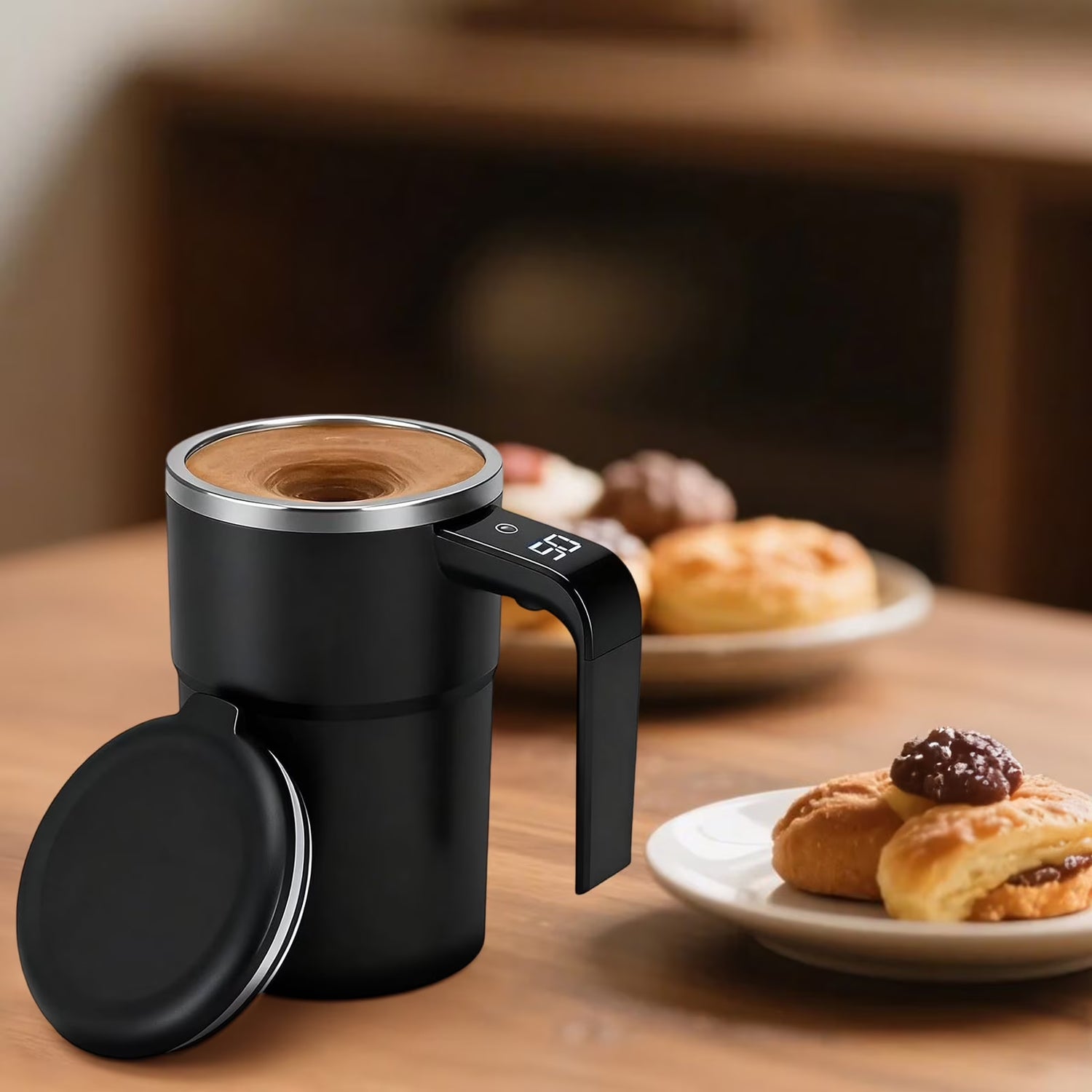 Self-Stirring Mug with LCD Temperature Display - Automatic Magnetic Stirring Cup for Beverages Including Coffee, Tea, Hot Chocolate, and Protein Shakes - Food Grade Safe Design