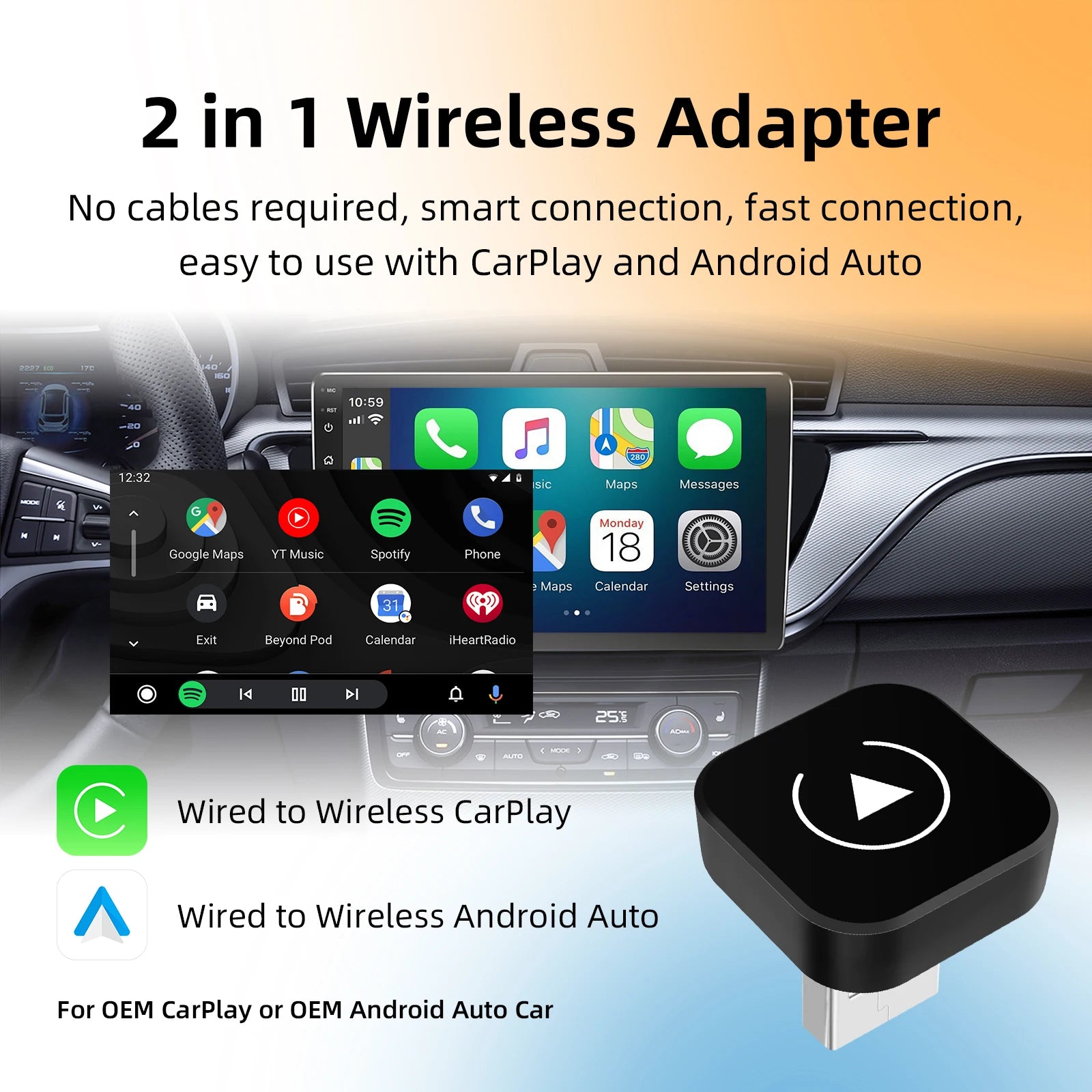 Wireless CarPlay and Android Auto Adapter for Factory Wired Vehicles - 2-in-1 Solution